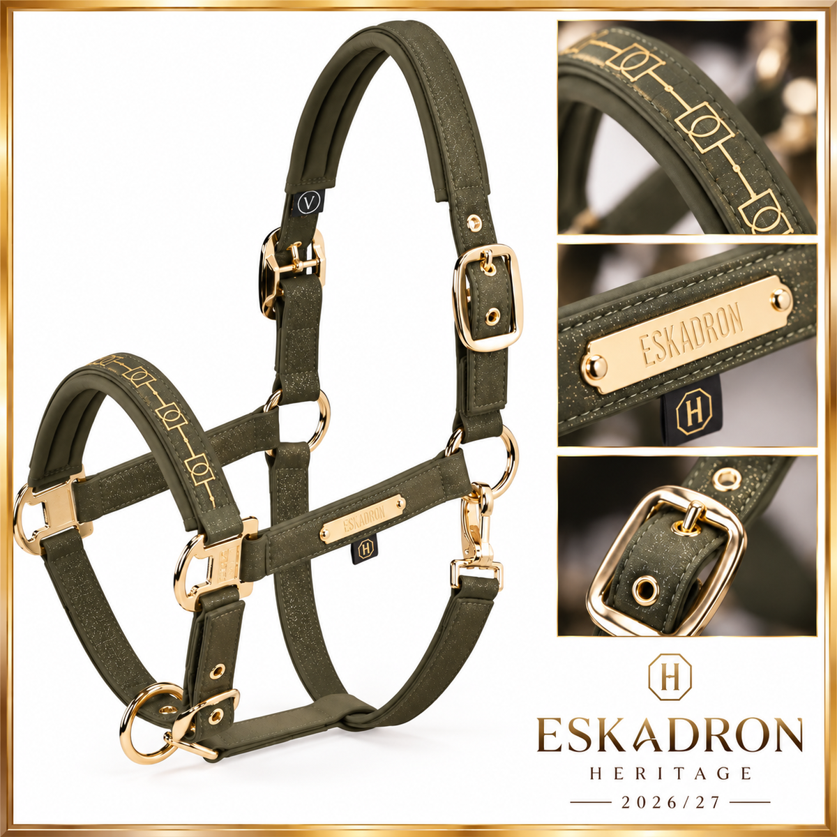 ESKADRON Heritage 2026/27 Sparkle Double Pin Halfter Deep Moss (150) – olivgrüne Detailansicht mit Goldrahmen